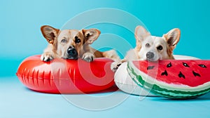 Playful Pooches in a Refreshing Watermelon Oasis: Labrador Retriever and Corgi Lounge in Style!
