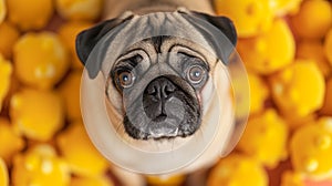 Playful pug dog with squeaky toys in vibrant studio