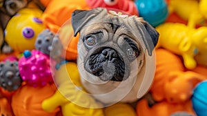 Playful pug dog with squeaky toys in vibrant studio