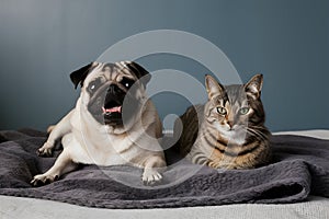 Playful pug and intense cat relax on blanket, creating captivating contrast