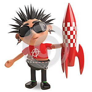 Playful punk rocker with spikey hair plays with a toy rocket spaceship, 3d illustration