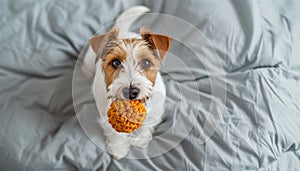..Playful Pup: A Jack Russell Terrier sits on a bed with a toy in its mouth, looking curiously at the camera. Loyal and energetic photo