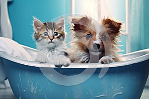 Playful Puppy and Cat in Bathtub. AI