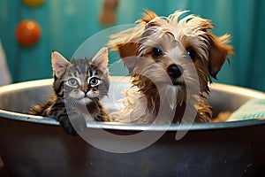 Playful Puppy and Cat in Bathtub. AI
