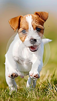 Playful puppy enjoying a romp on lush green grass field, adorable pet running outdoors photo
