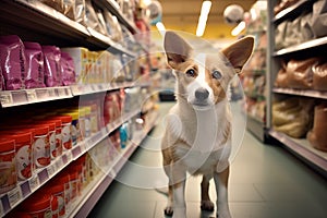 Playful puppy exploring the aisles of a pet store. Generative AI