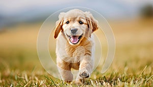 Playful puppy frolicking on lush green grass field, delightful pet running joyfully