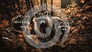 Playful puppy and raccoon sitting in autumn forest, alertness shown generated by AI