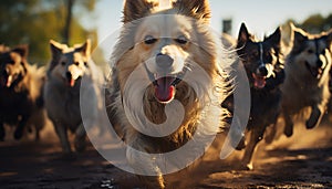 A playful puppy running in the sunlight, purebred dog happiness generated by AI