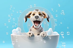 Playful Puppy in Shampoo Bubble Bath - Dog Washing Day - Generative AI