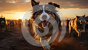 Playful puppy and sheepdog running in meadow, enjoying summer sunlight generated by AI