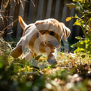 Playful Puppy in Sunlit Backyard