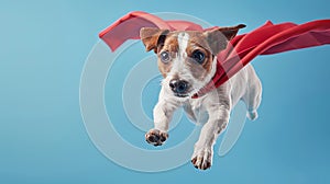 Playful puppy in superhero outfit flying in blue space, funny comic canine in action