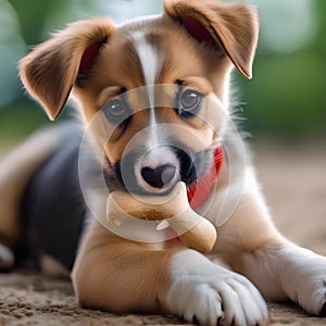 A playful puppy with a toy bone in its mouth, wagging its tail happily1