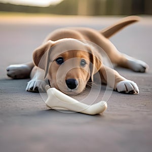 A playful puppy with a toy bone in its mouth, wagging its tail happily3