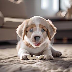 A playful puppy with a toy bone in its mouth, wagging its tail happily4