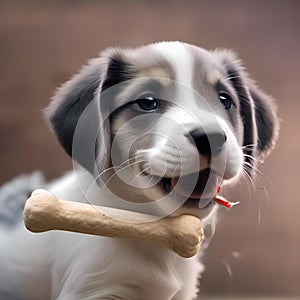 A playful puppy with a toy bone in its mouth, wagging its tail happily5