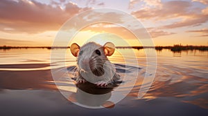 Playful Rat In Water At Sunset: A Dreamlike Cypherpunk National Geographic Photo