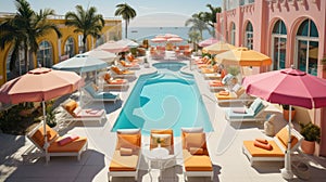 Playful rooftop pool of a pastel hotel, aerial shot, with pastel-colored lounge chairs, umbrellas, and vibrant tiles, guests