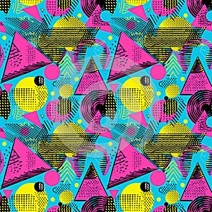 Playful 90s Abstract Geometric Seamless Pattern with Neon Palette for Modern Decor photo
