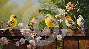 A playful scene as finch birds gather on a backyard fence, engaged in lively chatter and socializing in the warm glow of the