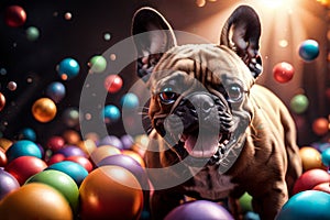 In a playful scene, a French Bulldog is surrounded by colorful balls, joyfully engaging in a game of fetch or playful exploration