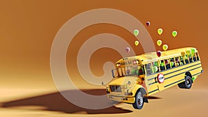 A playful school bus full of balloons ready for the start of the school year, ready for school and back to school concept, 3d