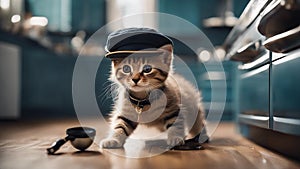 A playful Scottish kitten with a mischievous grin, wearing a tiny detective hat and magnifying glass