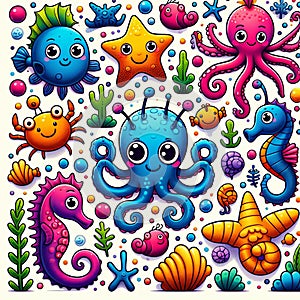 Playful sea creatures like octopuses, crabs, and seahorses, pht