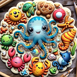 Playful sea creatures like octopuses, crabs, and seahorses, pht