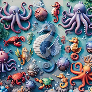 Playful sea creatures like octopuses, crabs, and seahorses, pht