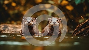 Playful seal and rodent swim in tranquil wildlife reserve pond generated by AI