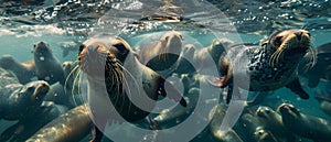 Playful Seals or Sea Lions Swimming near Monterey Pier in California. Concept Wildlife Photography,