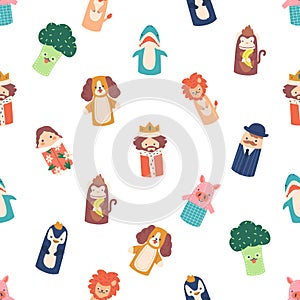 Playful Seamless Pattern with Colorful Finger Toys. Dog, Lion, Broccoli, King, Girl, Ape, Piglet or Penguin, Vector