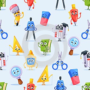 Playful Seamless Pattern Featuring A Variety Of Funny School Items. Cartoon Compass, Pencil, Glue Bottle And Ruler