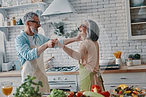 Playful senior couple in aprons