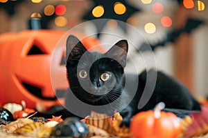 A playful shot of a mischievous black cat surrounded by Halloween decorations