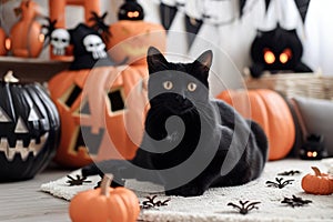 A playful shot of a mischievous black cat surrounded by Halloween decorations