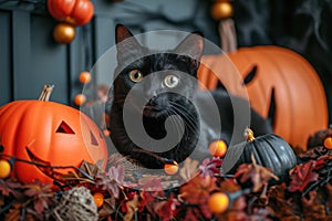 A playful shot of a mischievous black cat surrounded by Halloween decorations