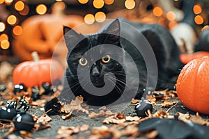 A playful shot of a mischievous black cat surrounded by Halloween decorations