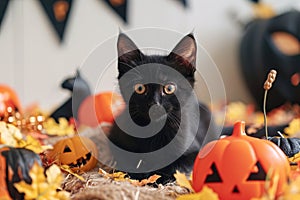 A playful shot of a mischievous black cat surrounded by Halloween decorations