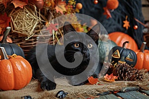 A playful shot of a mischievous black cat surrounded by Halloween decorations