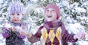 Playful sibling in winter day