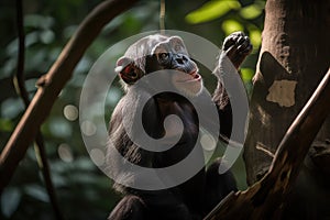 A playful and social Chimpanzee swinging through the trees, showing off its playful and social nature. Generative AI