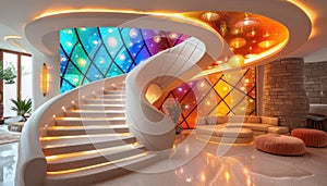 A playful spiral staircase in a living room, with colorful glass wall behind it
