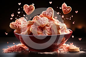 Playful spontaneity with heart shaped cookies in the air, valentine, dating and love proposal image