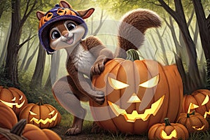 A playful squirrel dons a miniature pumpkin helmet, ready to embark on a Halloween adventure Ai Generated