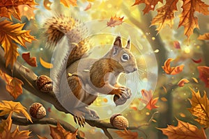 A playful squirrel gathering acorns on a tree branch, A playful squirrel gathering acorns beneath a canopy of changing leaves