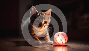 A playful striped kitten with a yellow ball indoors playing generated by AI