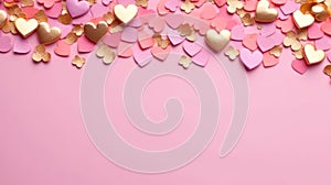 A playful and sweet arrangement of pink and gold hearts with confetti on soft pink background, ideal for Valentine\'s day